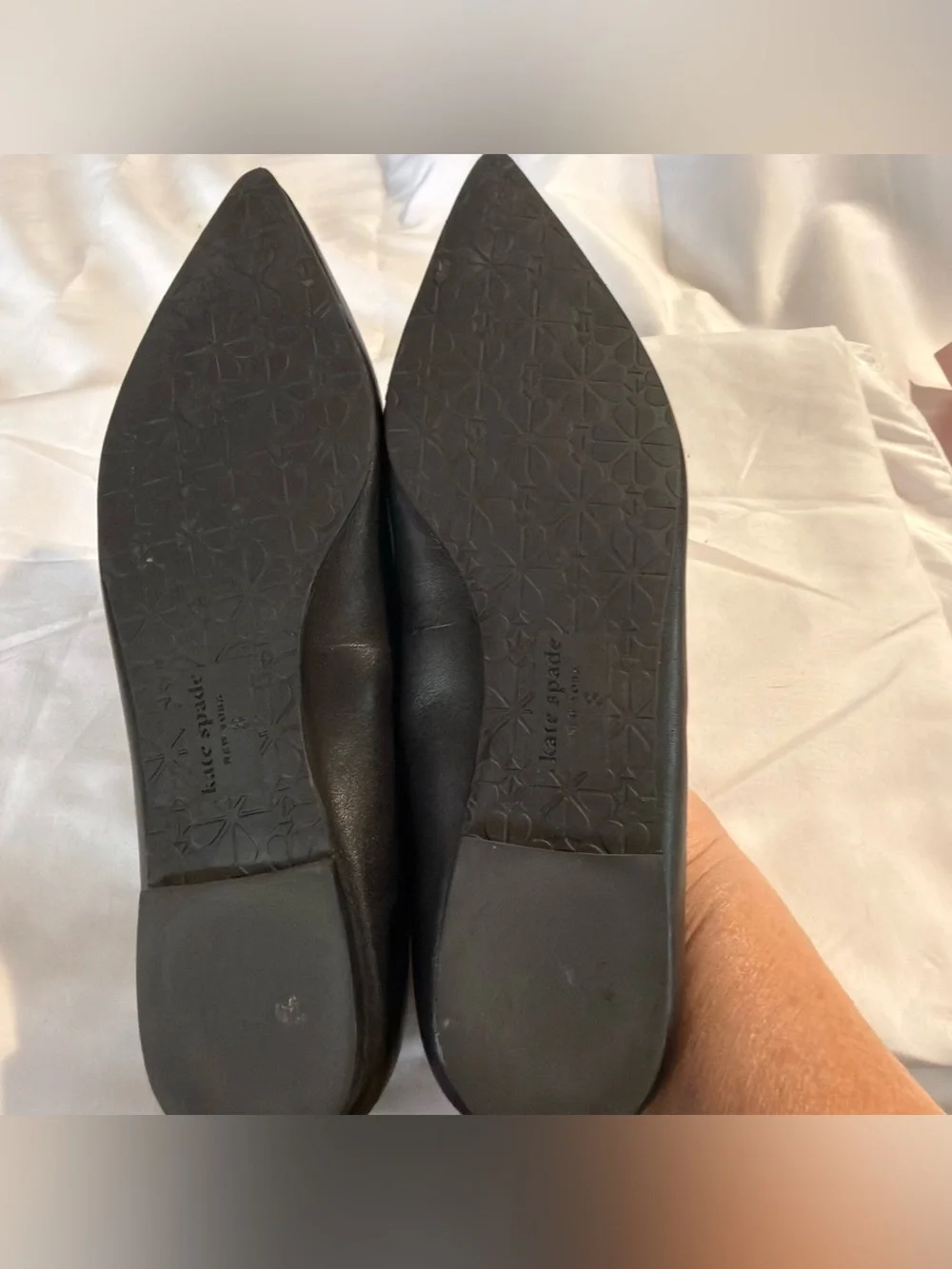 Kate Spade Black Pointed Toe Flats with Gold Spade Hardware